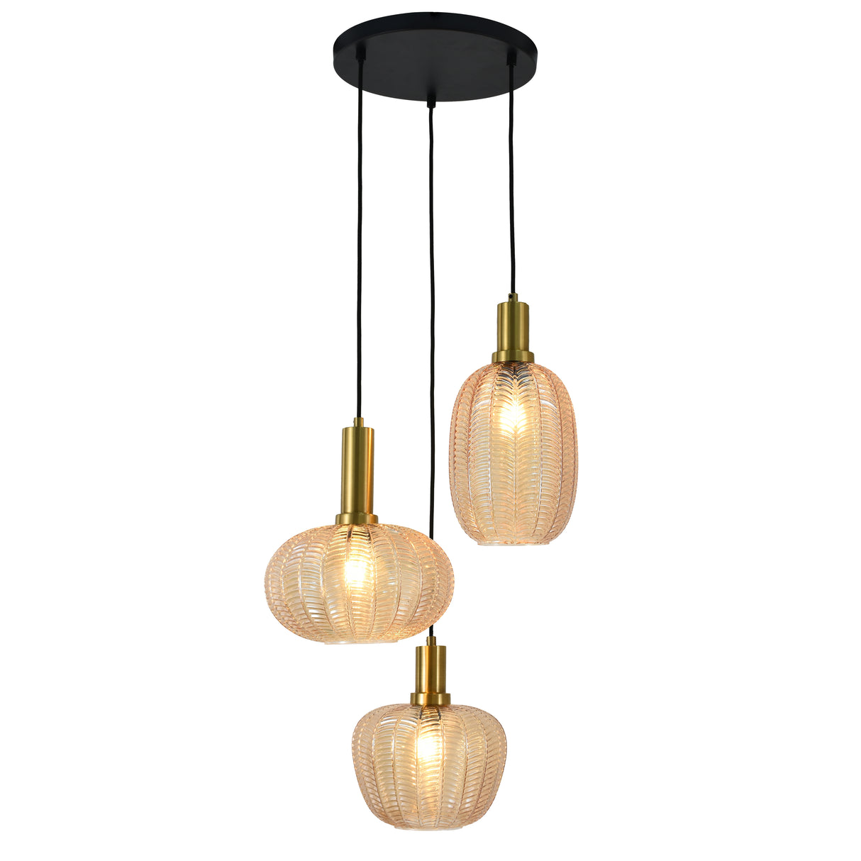 Hanglamp Zwart met Messing en Amber Glas – 3-Lichts - Liva