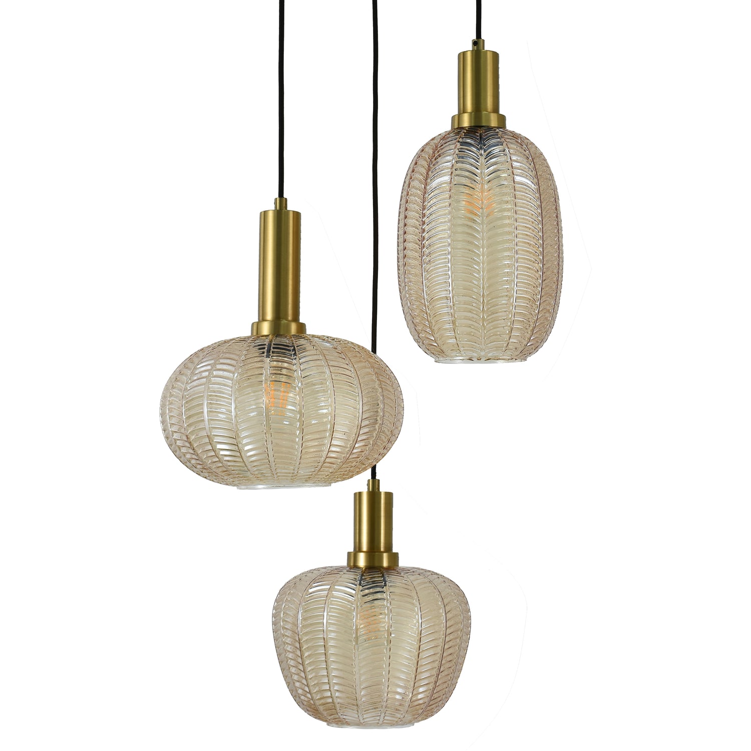 Hanglamp Zwart met Messing en Amber Glas – 3-Lichts - Liva