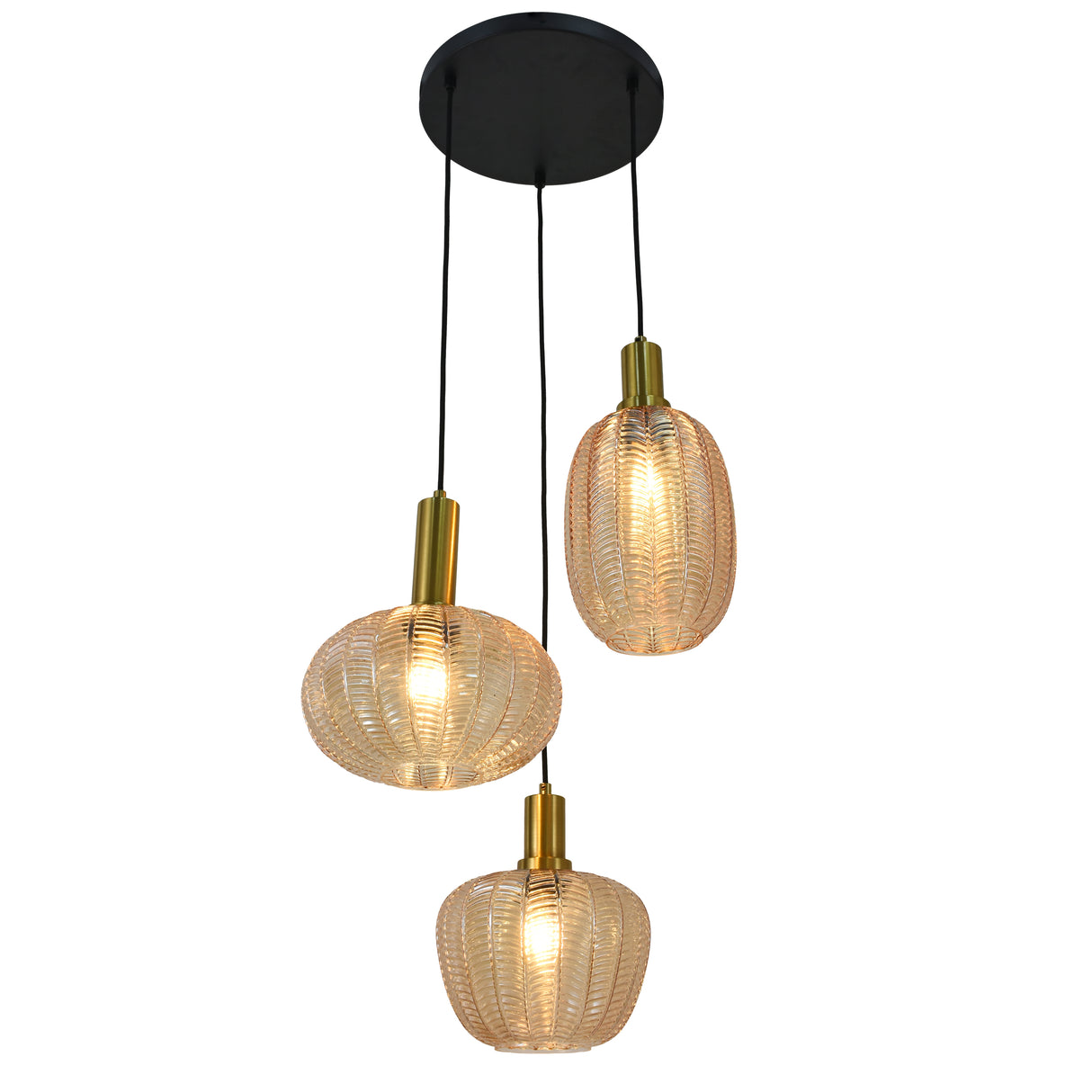 Hanglamp Zwart met Messing en Amber Glas – 3-Lichts - Liva
