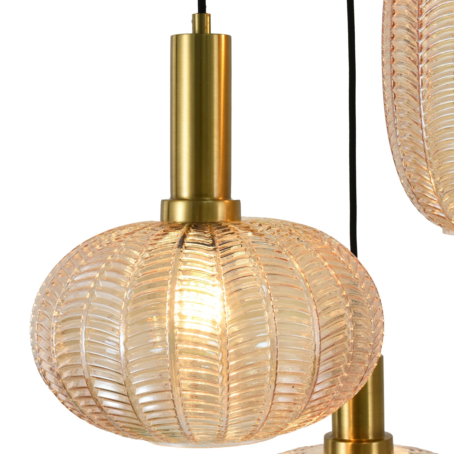 Hanglamp Zwart met Messing en Amber Glas – 3-Lichts - Liva