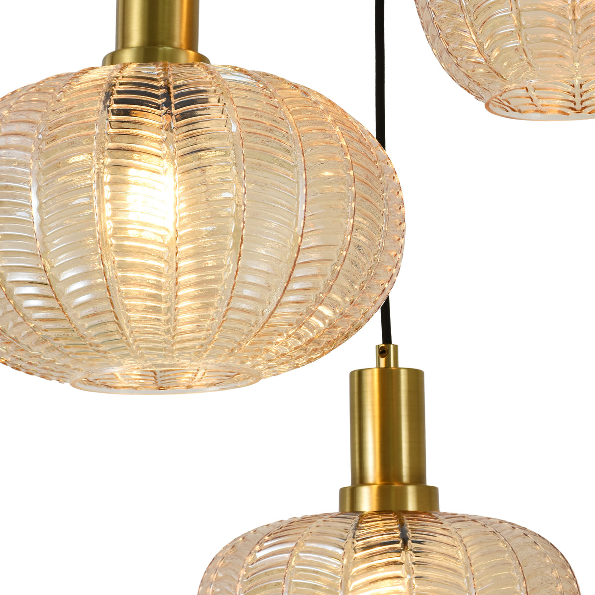 Hanglamp Zwart met Messing en Amber Glas – 3-Lichts - Liva