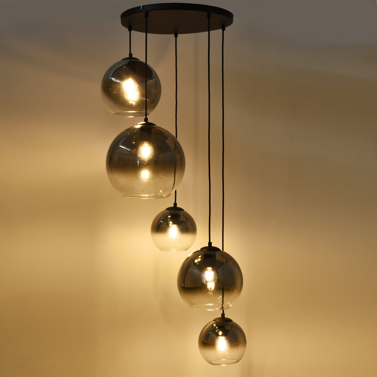 Hanglamp Marie- Zwart met fade glas - 5 lichtpunten - Rond - Eetkamer - Hal - Woonkamer
