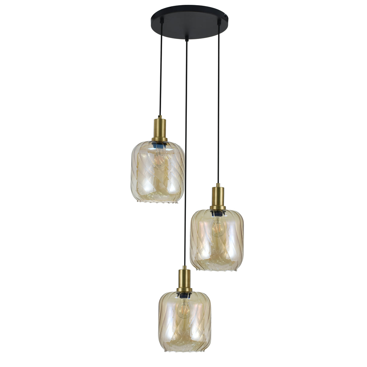 Hanglamp Zwart met Messing en Amber Glas – 3-Lichts - Nox