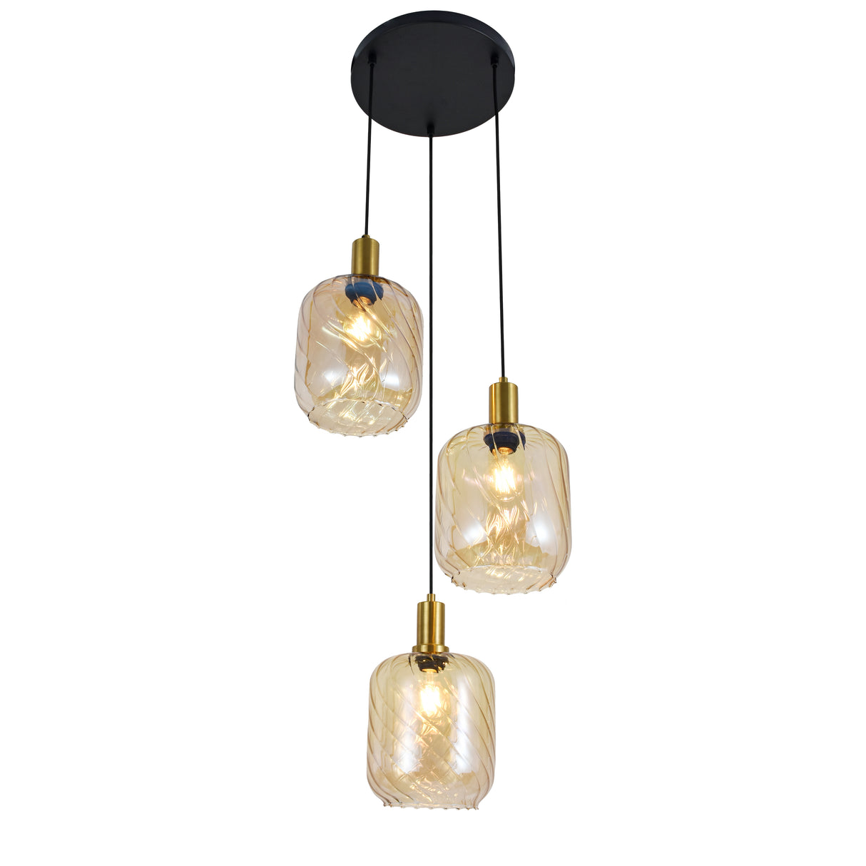 Hanglamp Zwart met Messing en Amber Glas – 3-Lichts - Nox