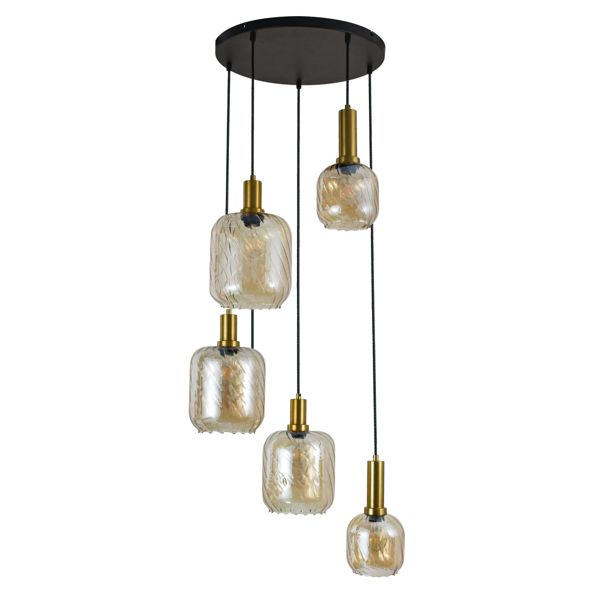 Hanglamp Zwart met Messing en Amber Glas – 5-Lichts - Noah