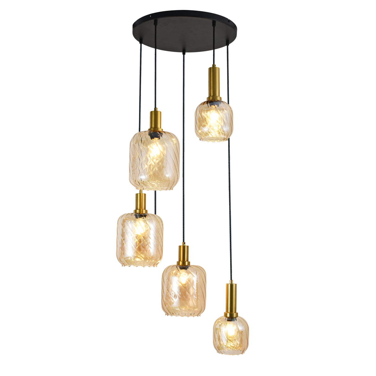Hanglamp Zwart met Messing en Amber Glas – 5-Lichts - Noah