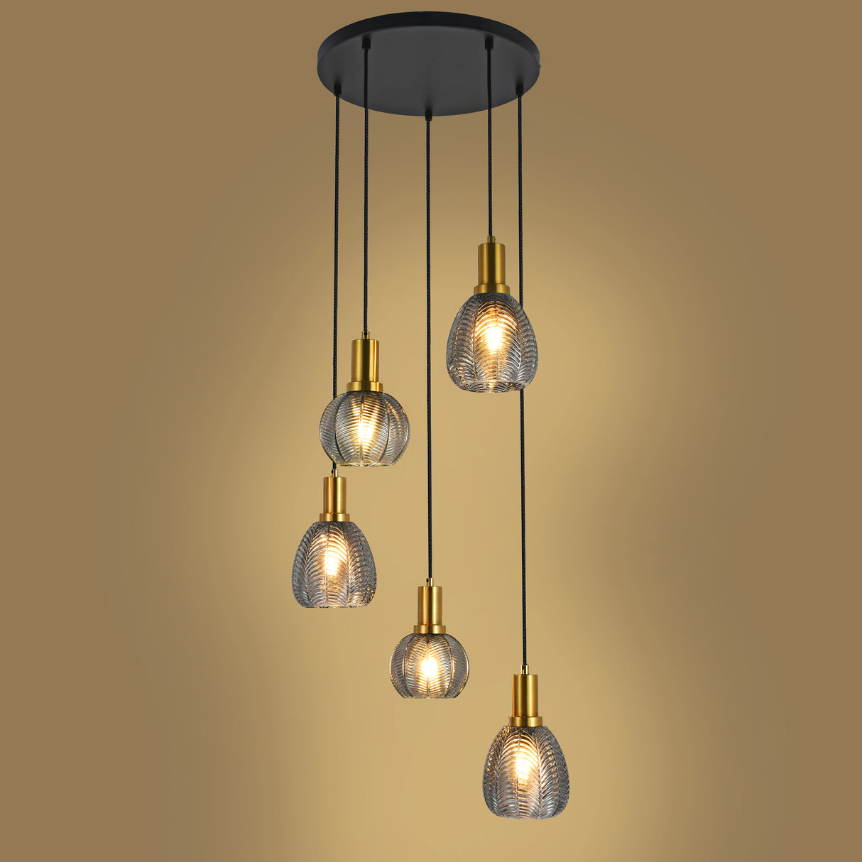 Hanglamp Sanne- Zwart met smoke glas en messing - 5 lichtpunten