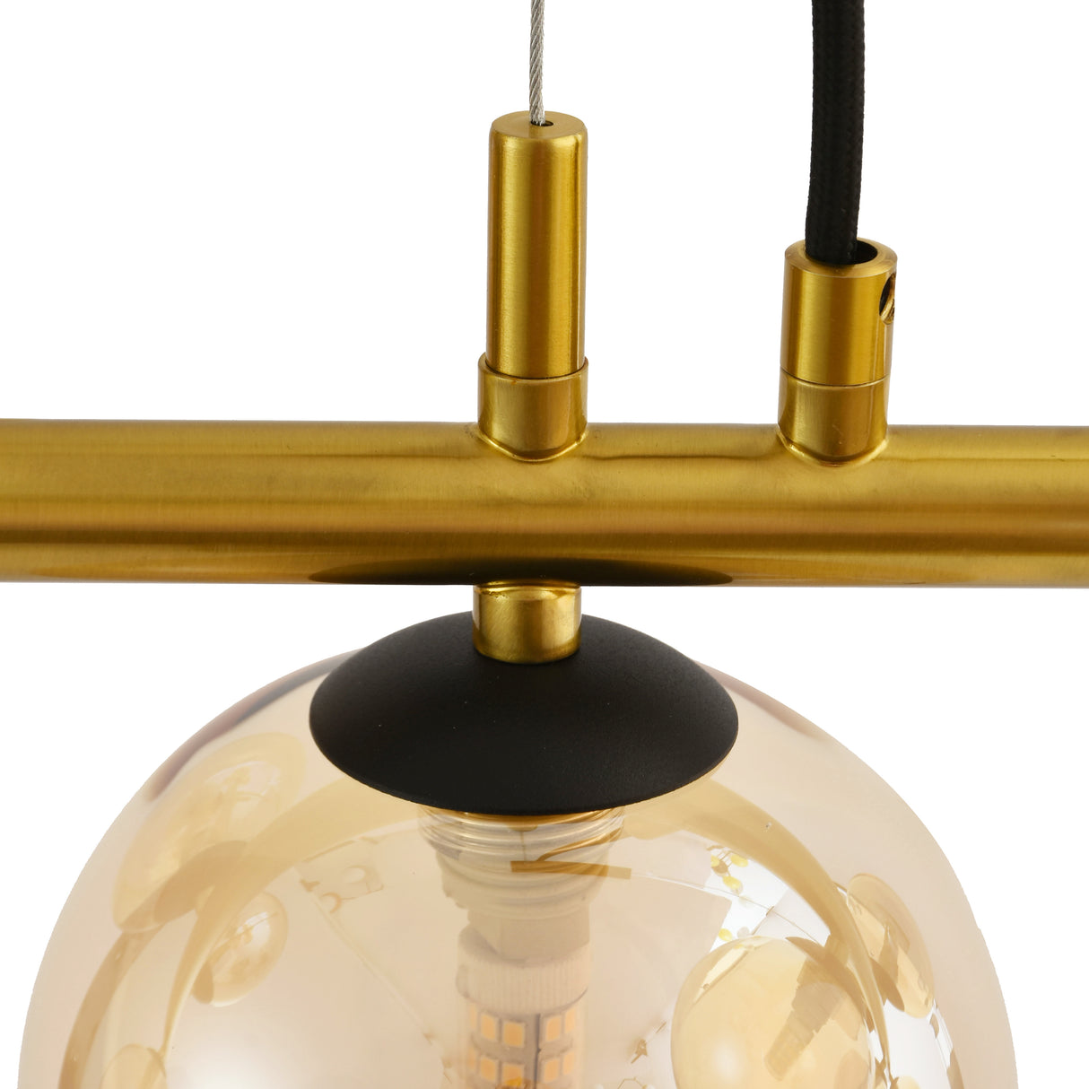 Gouden hanglamp met amber glazen bollen – 9-lichts hanglamp met lange plafondplaat