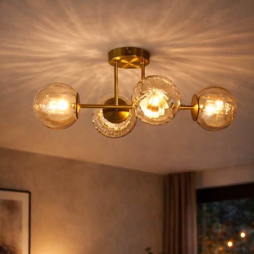 Plafondlamp Goud - 4 Amber Glasbollen - Joy