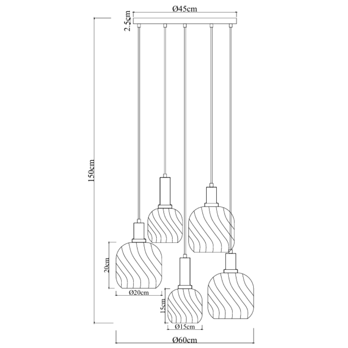 Hanglamp Zwart met Messing en Amber Glas – 5-Lichts - Noah