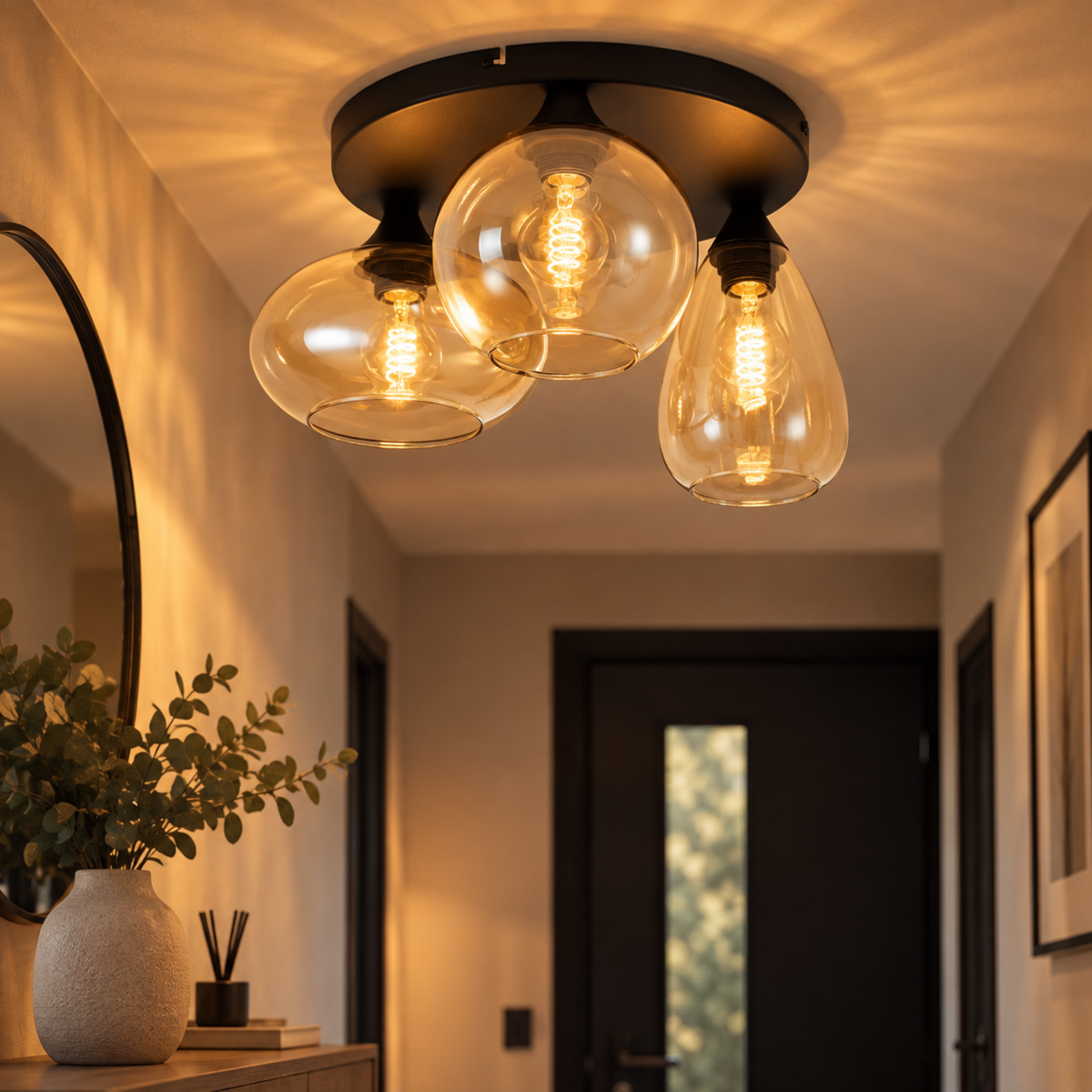 Plafondlamp Amber Glas 3-Lichts – Zwart met E27 Fittingen