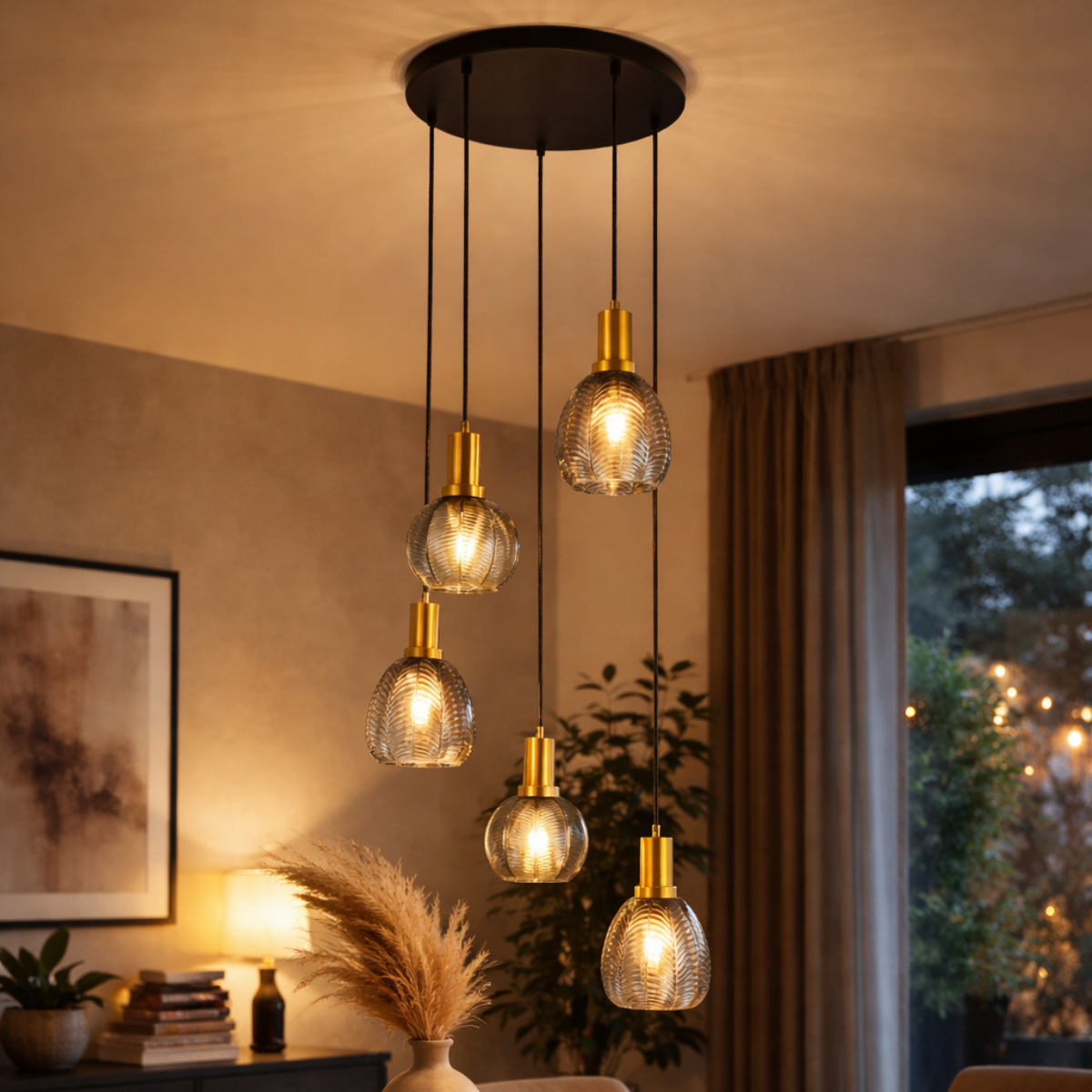 Hanglamp Sanne- Zwart met smoke glas en messing - 5 lichtpunten