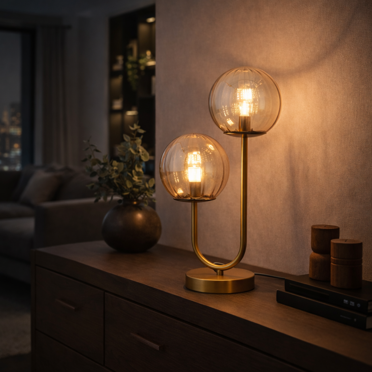 Tafellamp Linda - Messing met Amber glas - 2 lichts