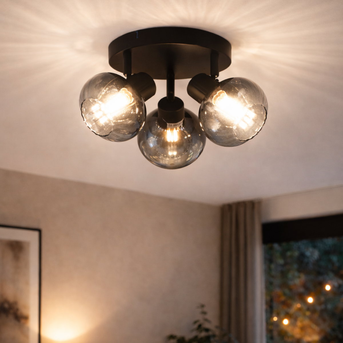 Plafondlamp Zwart - 3 smoke Glasbollen - Yaro