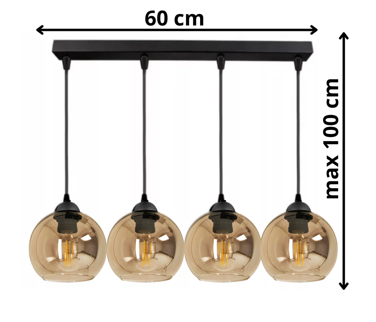 Hanglamp Industrieel 4-Lamps Rechte Montageplaat Amber Bol Zwart Woonkamer