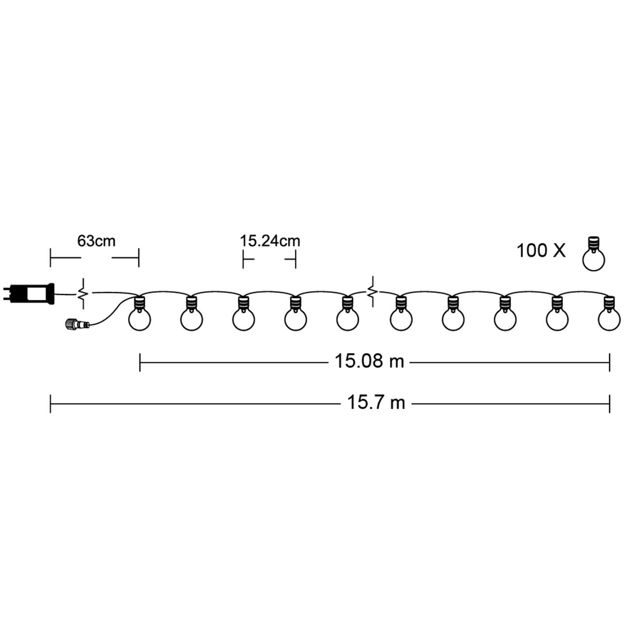 Tuin LED Lichtsnoer 16m – 100x Warm Wit (3000K)
