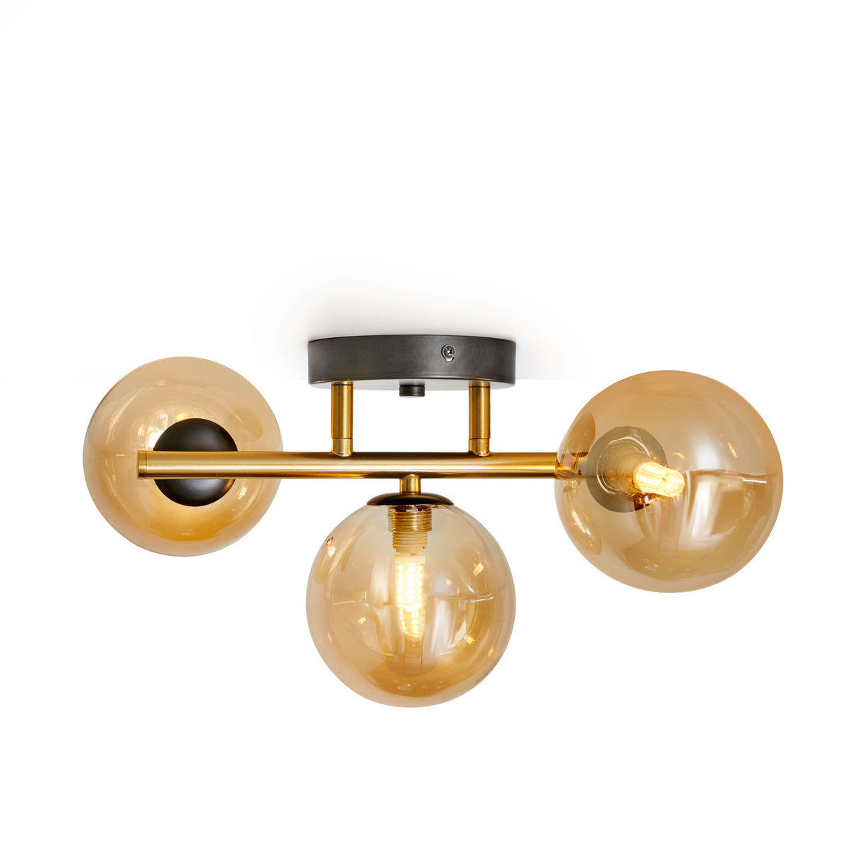 Plafondlamp Goud met 3 Amber Glasbollen