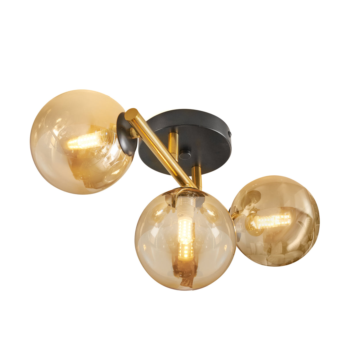 Plafondlamp Goud met 3 Amber Glasbollen
