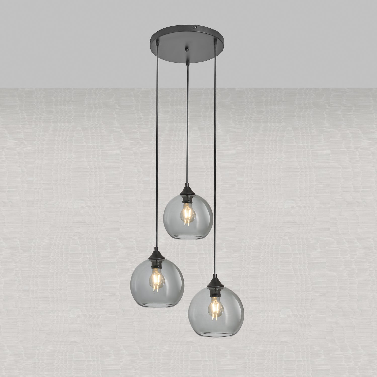 Hanglamp 3-Lichts Bol Rookglas Industrieel Woonkamer Eetkamer Smoke Zwart Grey
