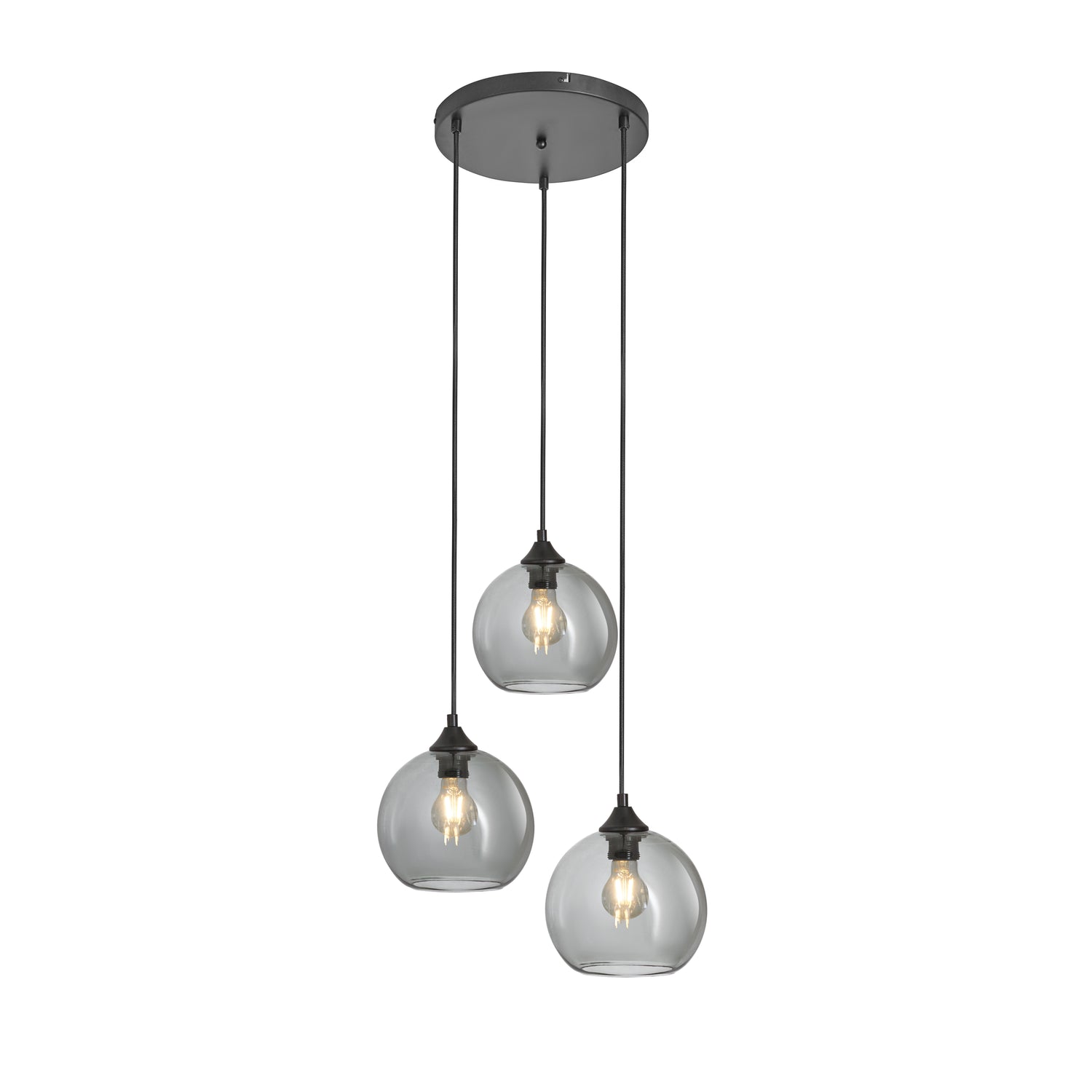Hanglamp 3-Lichts Bol Rookglas Industrieel Woonkamer Eetkamer Smoke Zwart Grey