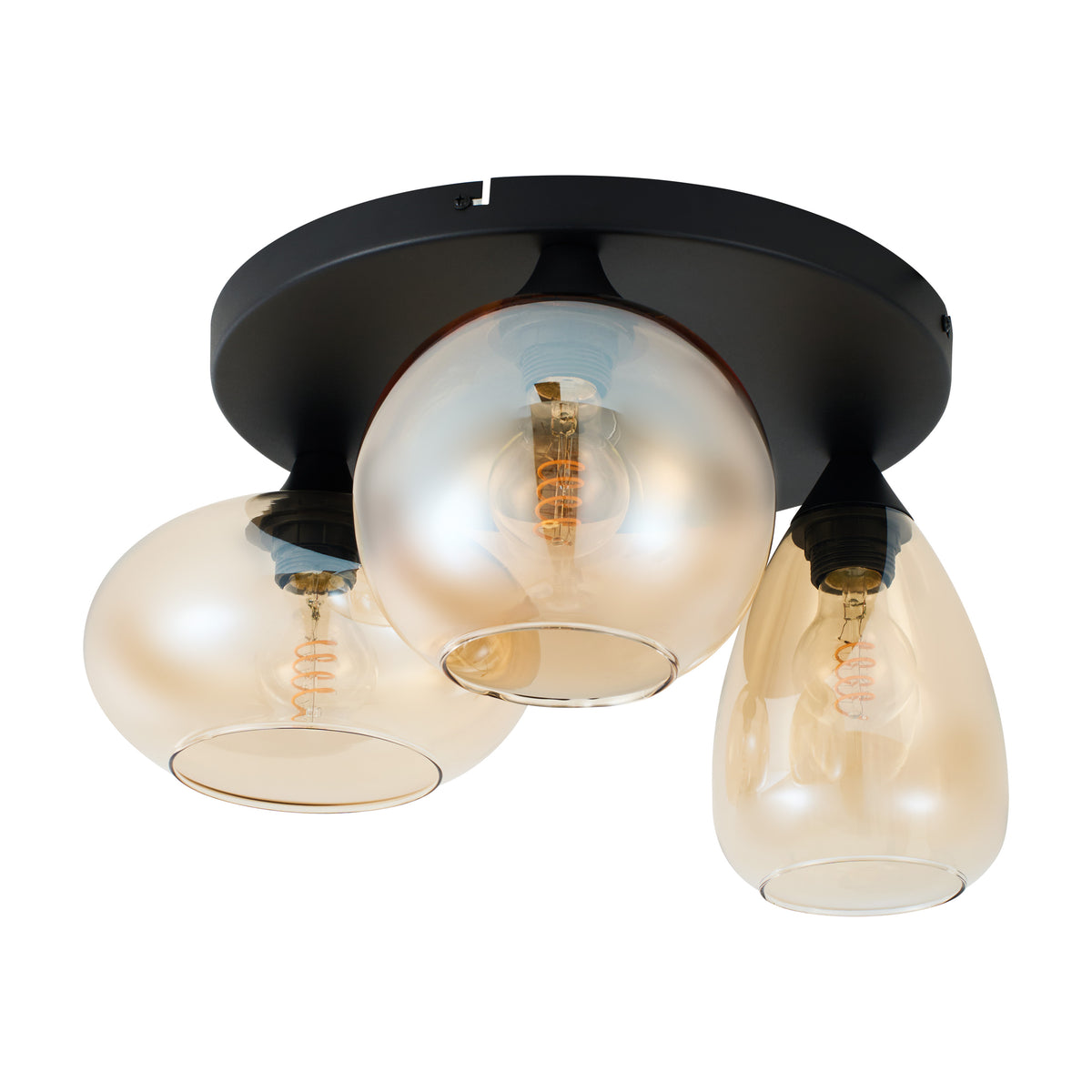 Plafondlamp Amber Glas 3-Lichts – Zwart met E27 Fittingen