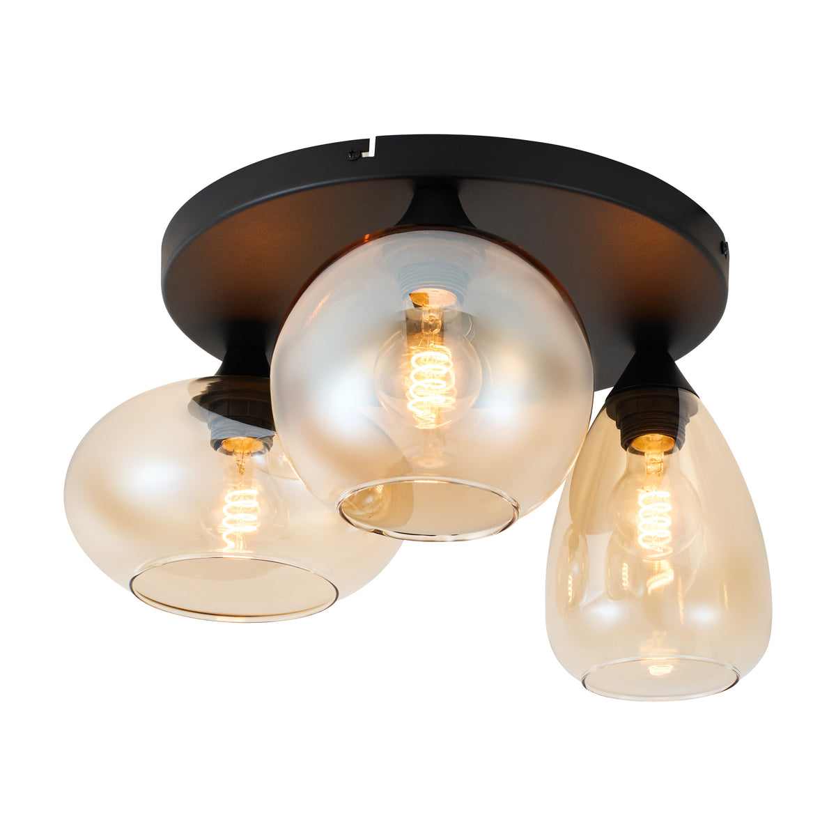 Plafondlamp Amber Glas 3-Lichts – Zwart met E27 Fittingen