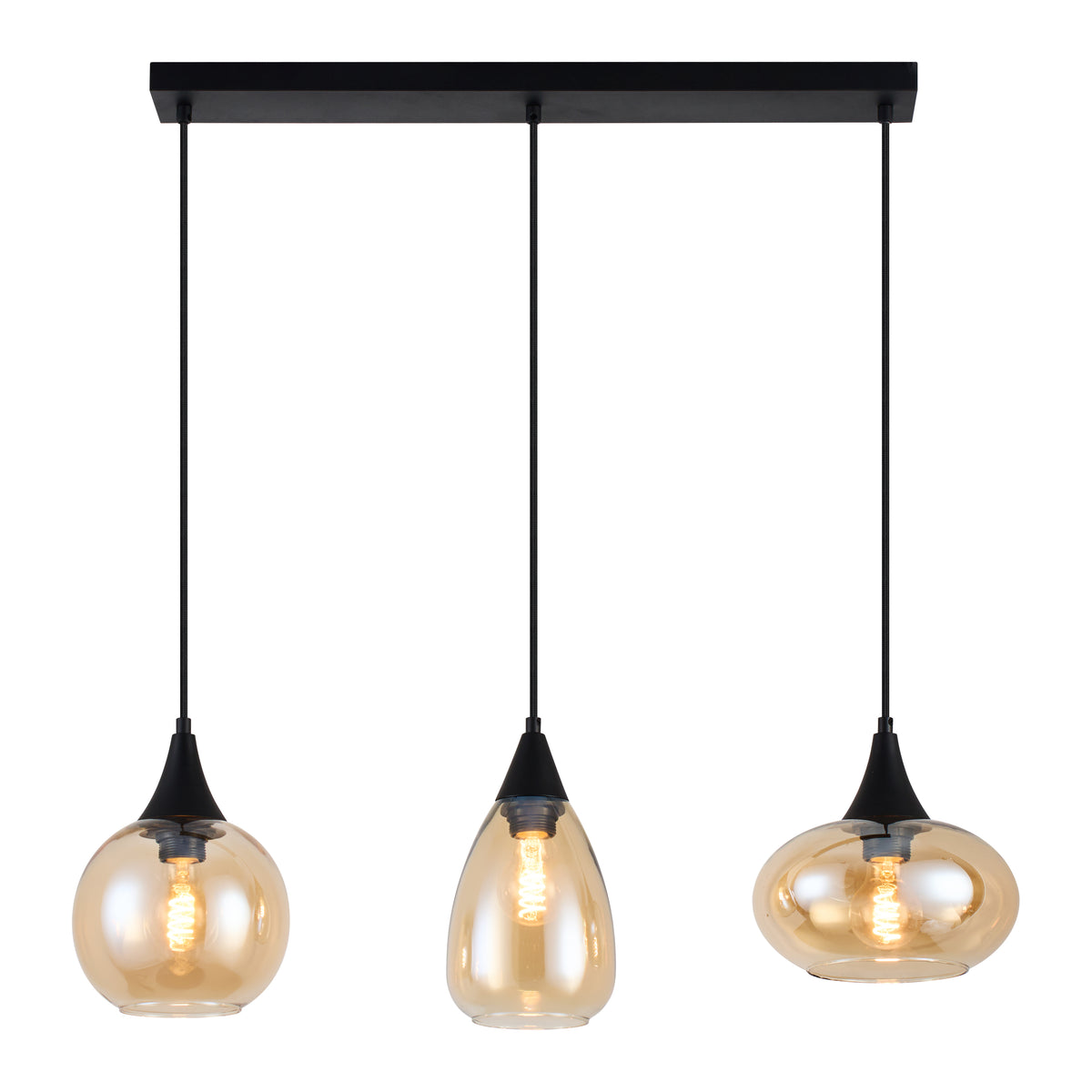 Hanglamp langwerpig Amberglas 3-Lichts – Zwart met E27 Fittingen