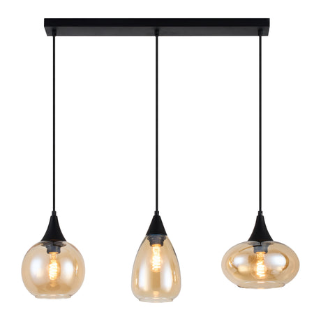 Hanglamp langwerpig Amberglas 3-Lichts – Zwart met E27 Fittingen