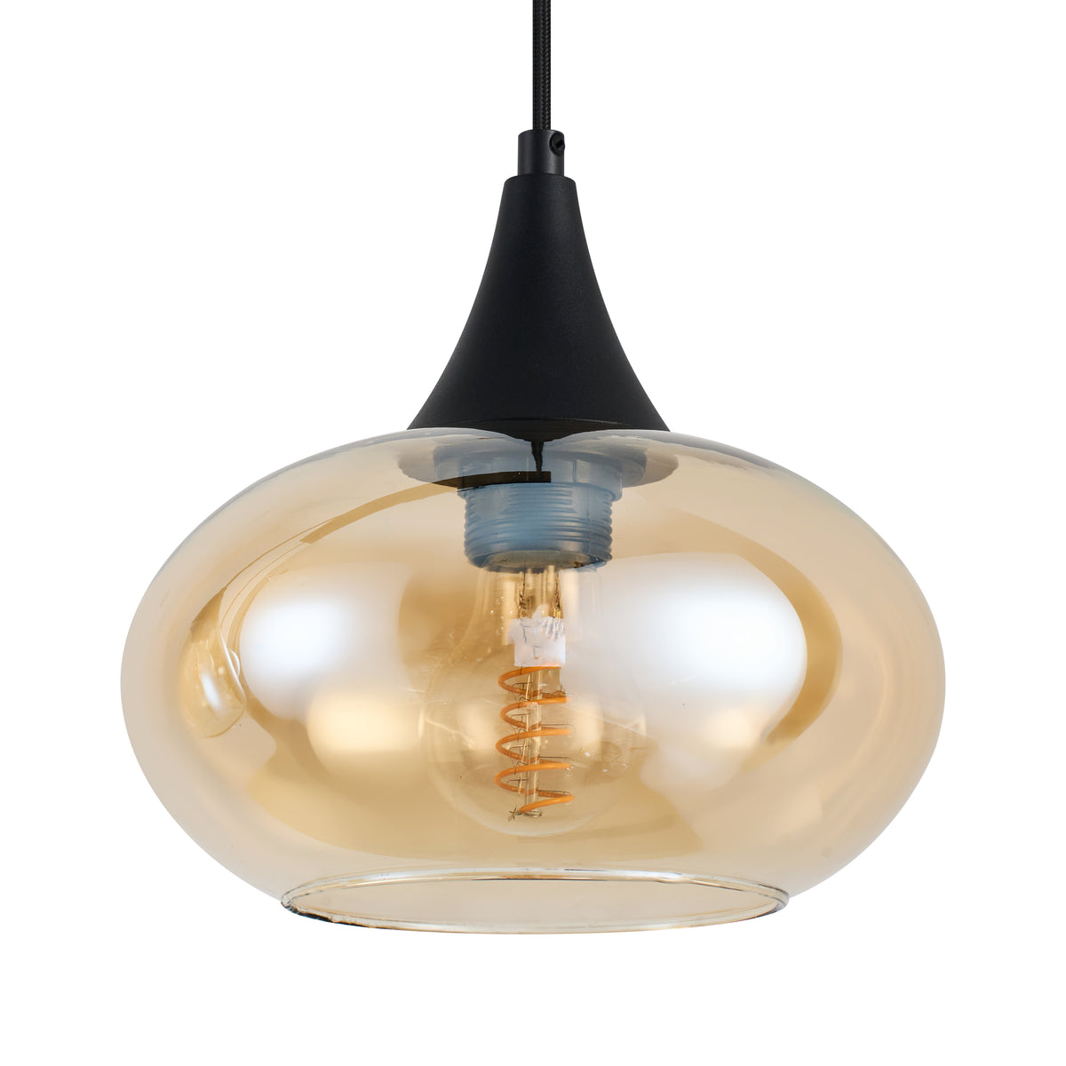 Hanglamp langwerpig Amberglas 3-Lichts – Zwart met E27 Fittingen