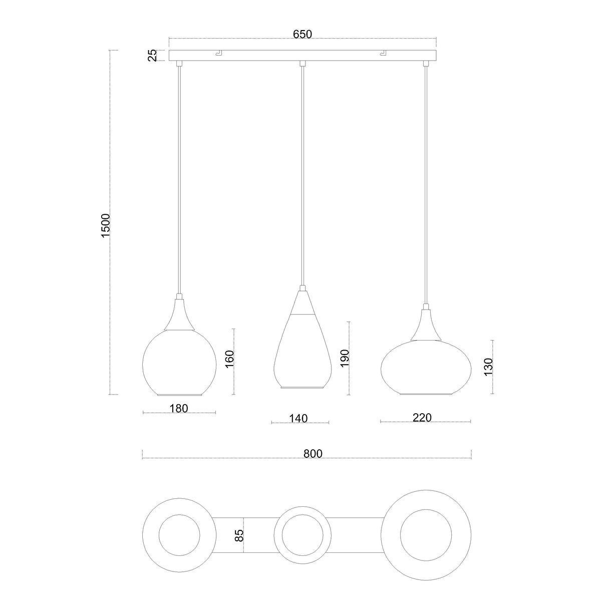 Hanglamp langwerpig Amberglas 3-Lichts – Zwart met E27 Fittingen