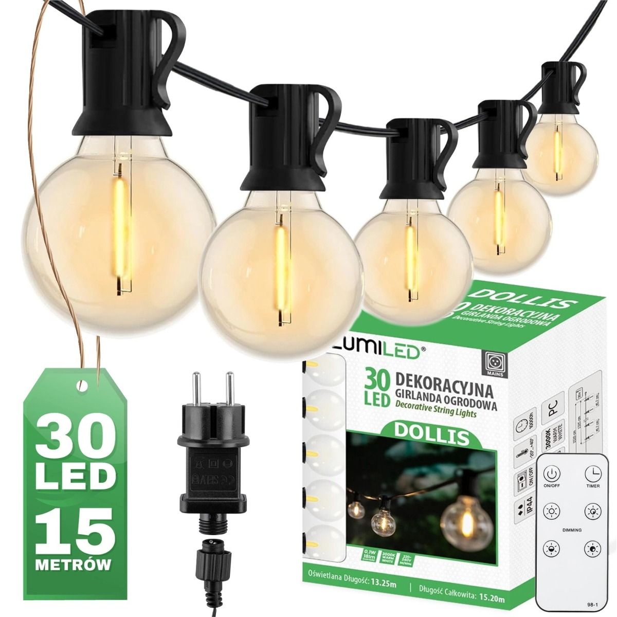 Buitenlichtsnoer 15,2m – 30x LED Ballen 3000K met Afstandsbediening