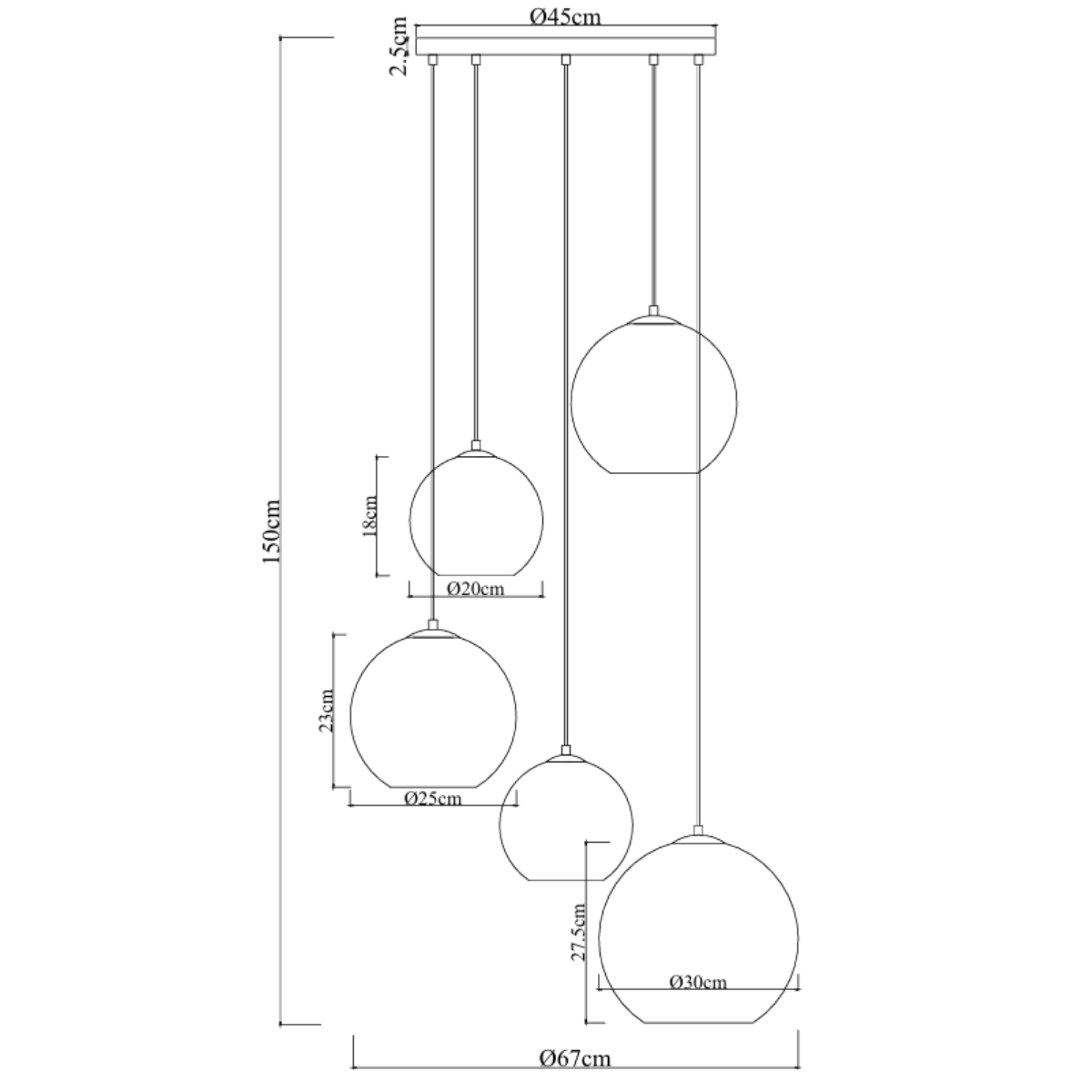 Hanglamp Marie-  Zwart met fade glas - 5 lichtpunten - Rond