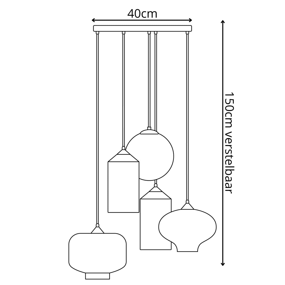 Hanglamp 5-Lichts Mix | Rookglas | Industrieel | Woonkamer | Eetkamer | Smoke | Zwart