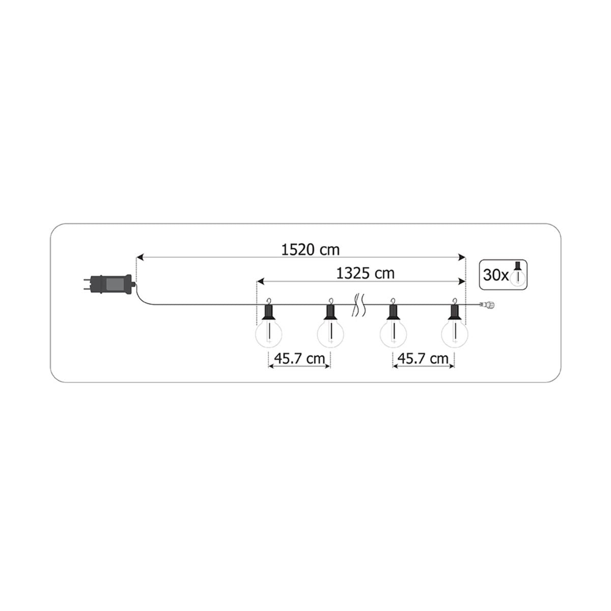 Buitenlichtsnoer 15,2m – 30x LED Ballen 3000K met Afstandsbediening
