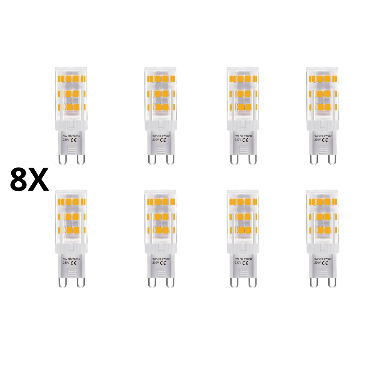 Set van 8 G9 LED lampen – 3-staps, 3W, 250 lm, warm wit 2700K