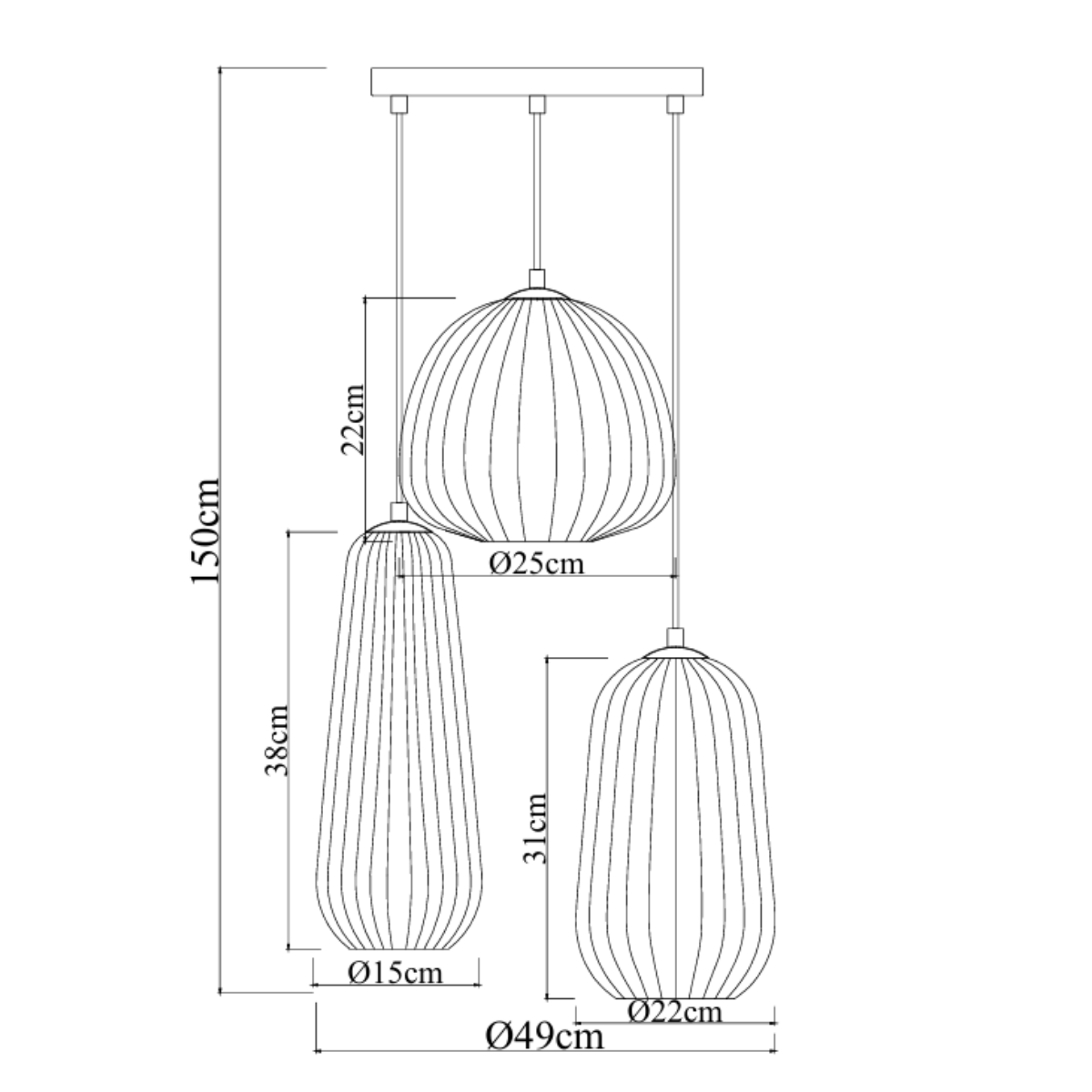 Hanglamp Zwart geribbeld Smoke Glas – 3-Lichts - Arno