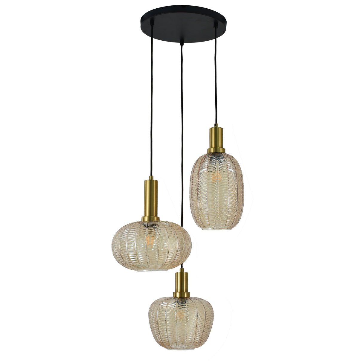 Hanglamp Zwart met Messing en Amber Glas – 3-Lichts - Liva