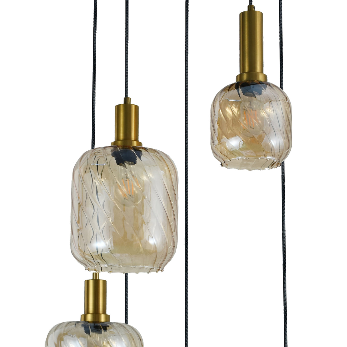 Hanglamp Zwart met Messing en Amber Glas – 5-Lichts - Noah