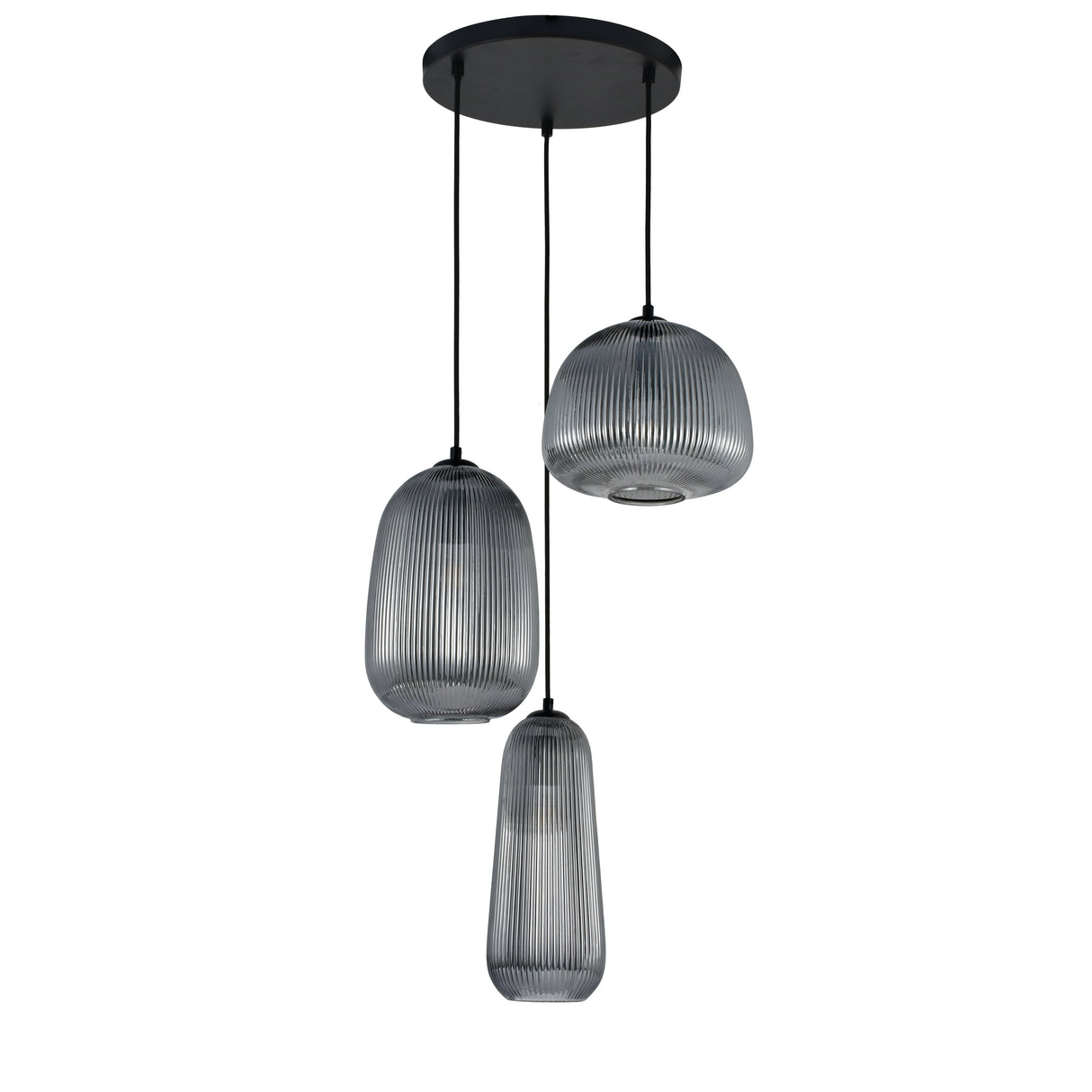 Hanglamp Zwart geribbeld Smoke Glas – 3-Lichts - Arno