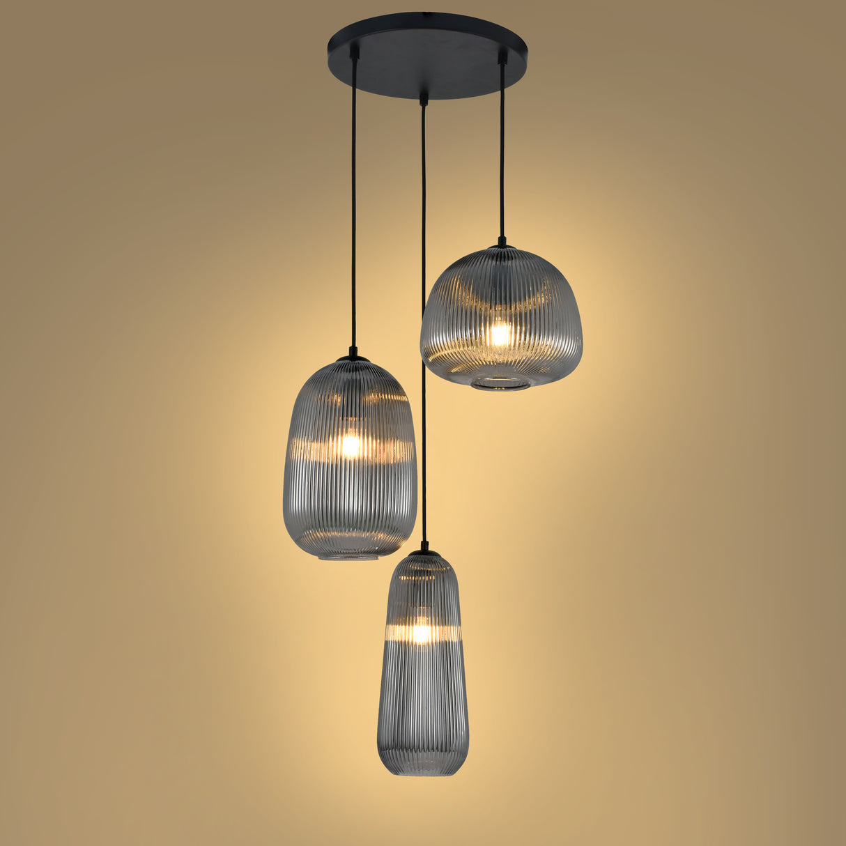 Hanglamp Zwart geribbeld Smoke Glas – 3-Lichts - Arno