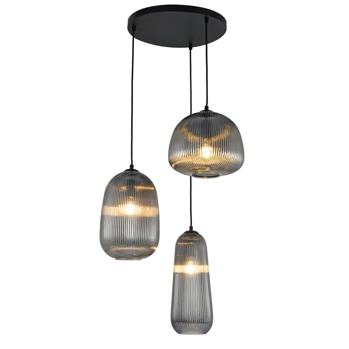 Hanglamp Zwart geribbeld Smoke Glas – 3-Lichts - Arno