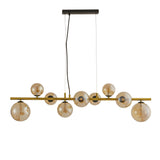 Gouden hanglamp met amber glazen bollen – 9-lichts hanglamp met lange plafondplaat