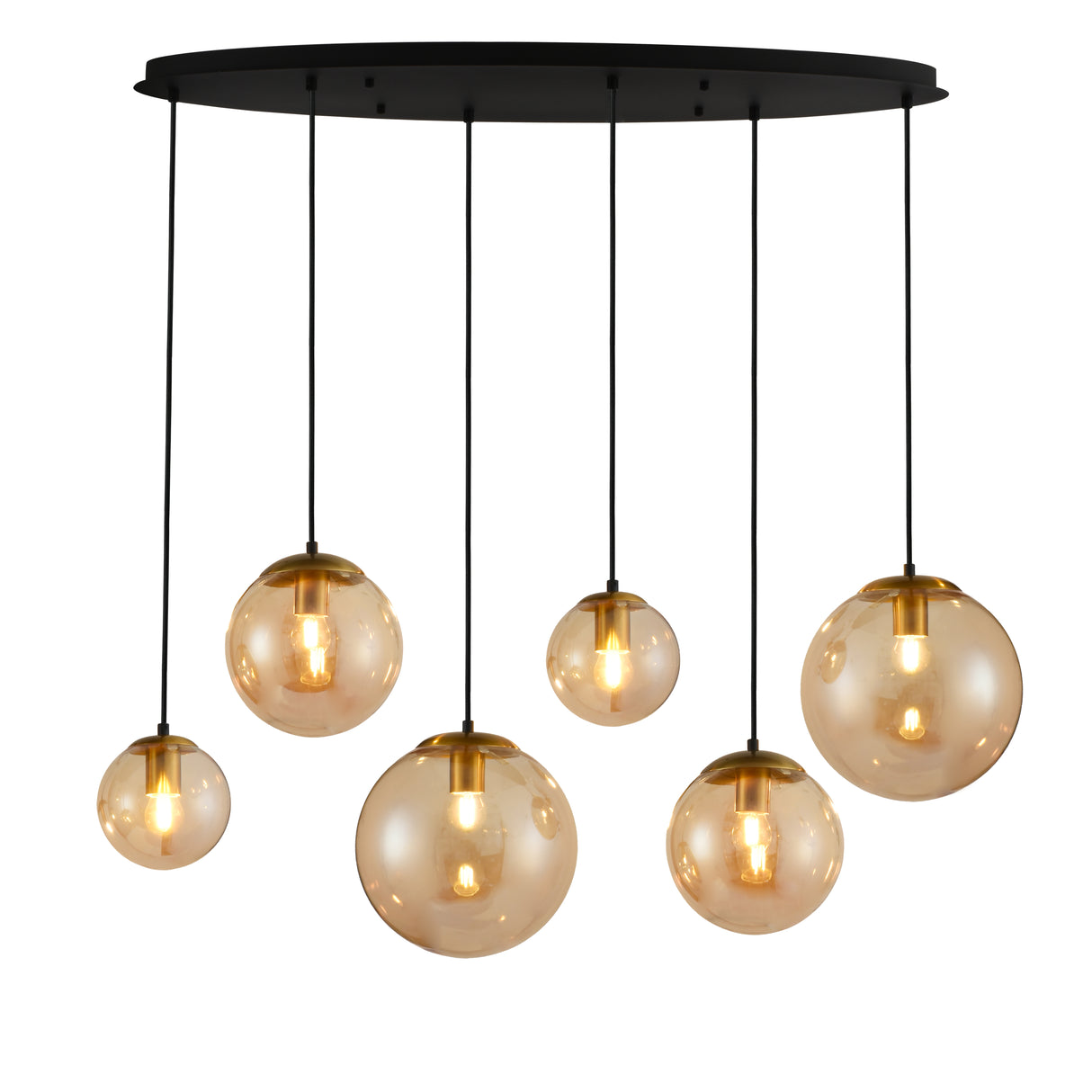 Hanglamp zwart met amberglas ovaal 6-lichts - Sterre