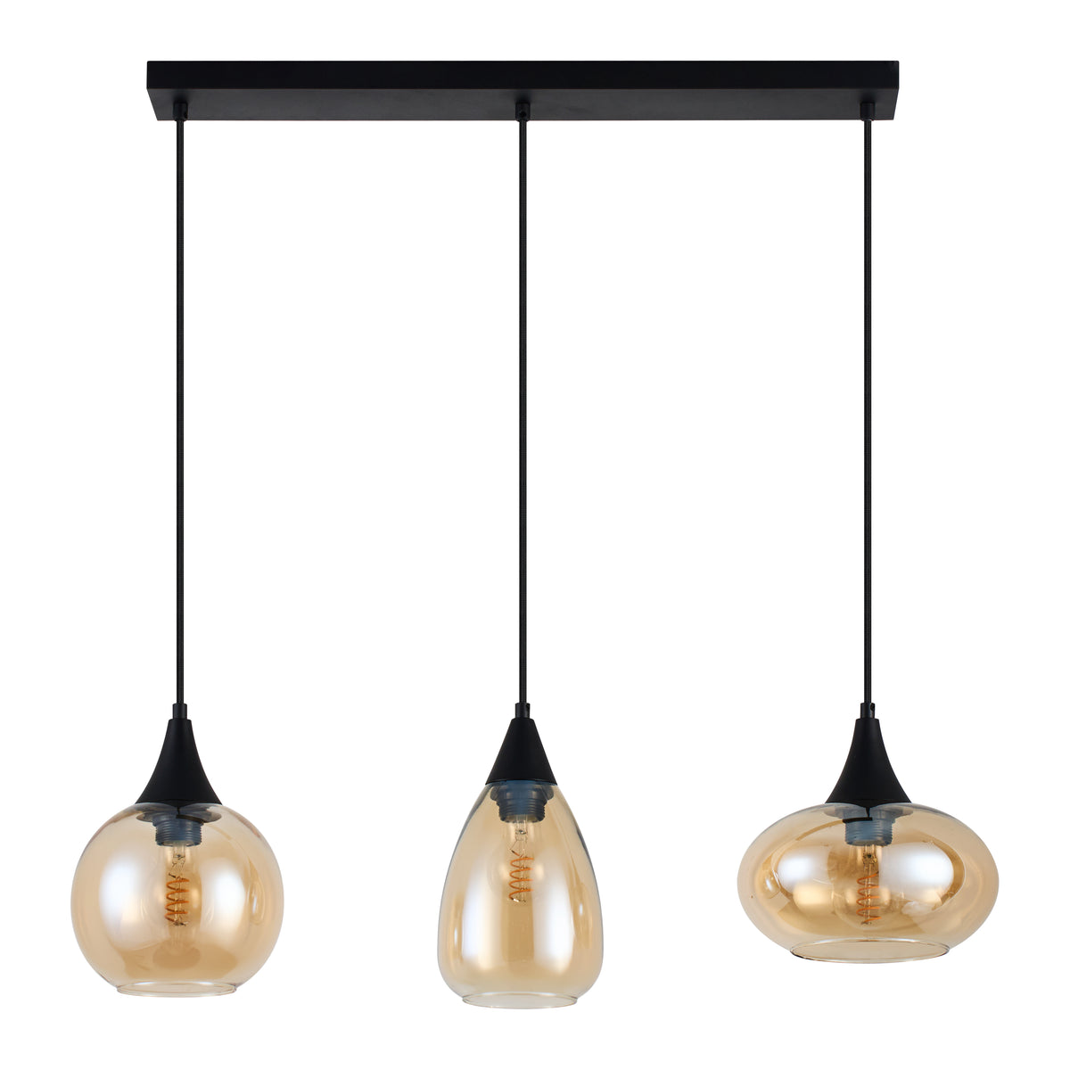 Hanglamp langwerpig Amberglas 3-Lichts – Zwart met E27 Fittingen 