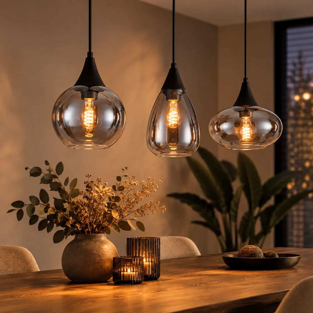 Hanglamp langwerpig Smokeglas 3-Lichts – Zwart met E27 Fittingen