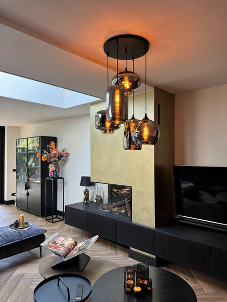 Hanglamp 5-Lichts rookglas industrieel zwart eettafel