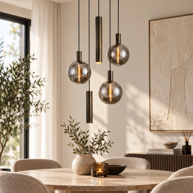 Lunaro 5-lichts Hanglamp – Donker Antiek Brons met Smokeglas – Inclusief Lichtbronnen – Niet Dimbaar