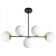 gouden plafondlamp met witte bollen en zwart frame