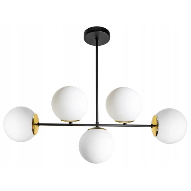 gouden plafondlamp met witte bollen en zwart frame