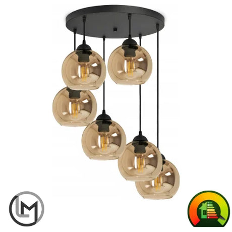 amber hanglamp met 6 glazen bollen voor eetkamer of hal